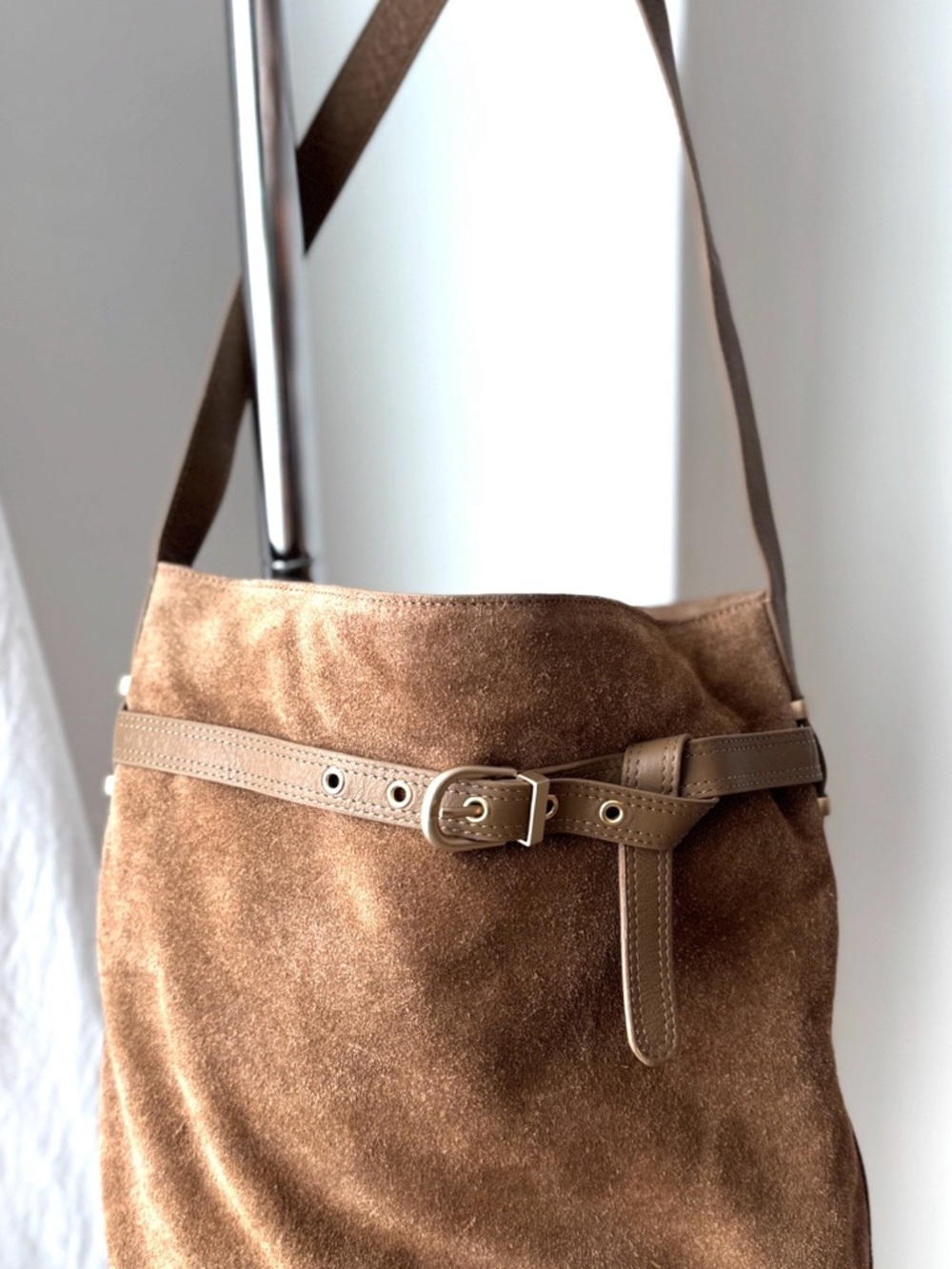 MINT VELVET Suede Brown Shoulder Bag with Belt Accent